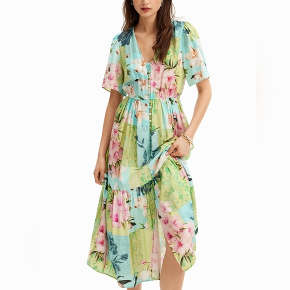 Desigual Nwot Cherry blossom midi Button Up dress Multi Floral Print Size XS - Picture 2 of 16